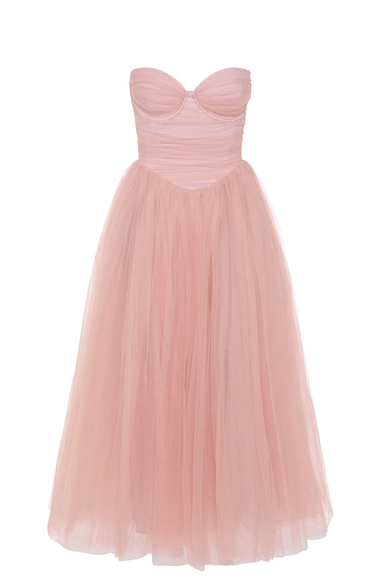 Strapless Volume Skirt Midaxi Dress in Dusty Rose