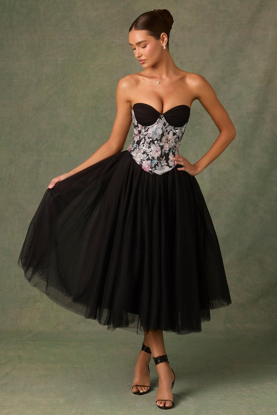 Tulle Corset Midaxi Dress in Black