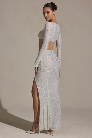 Embellished Ruched Maxi Skirt in White