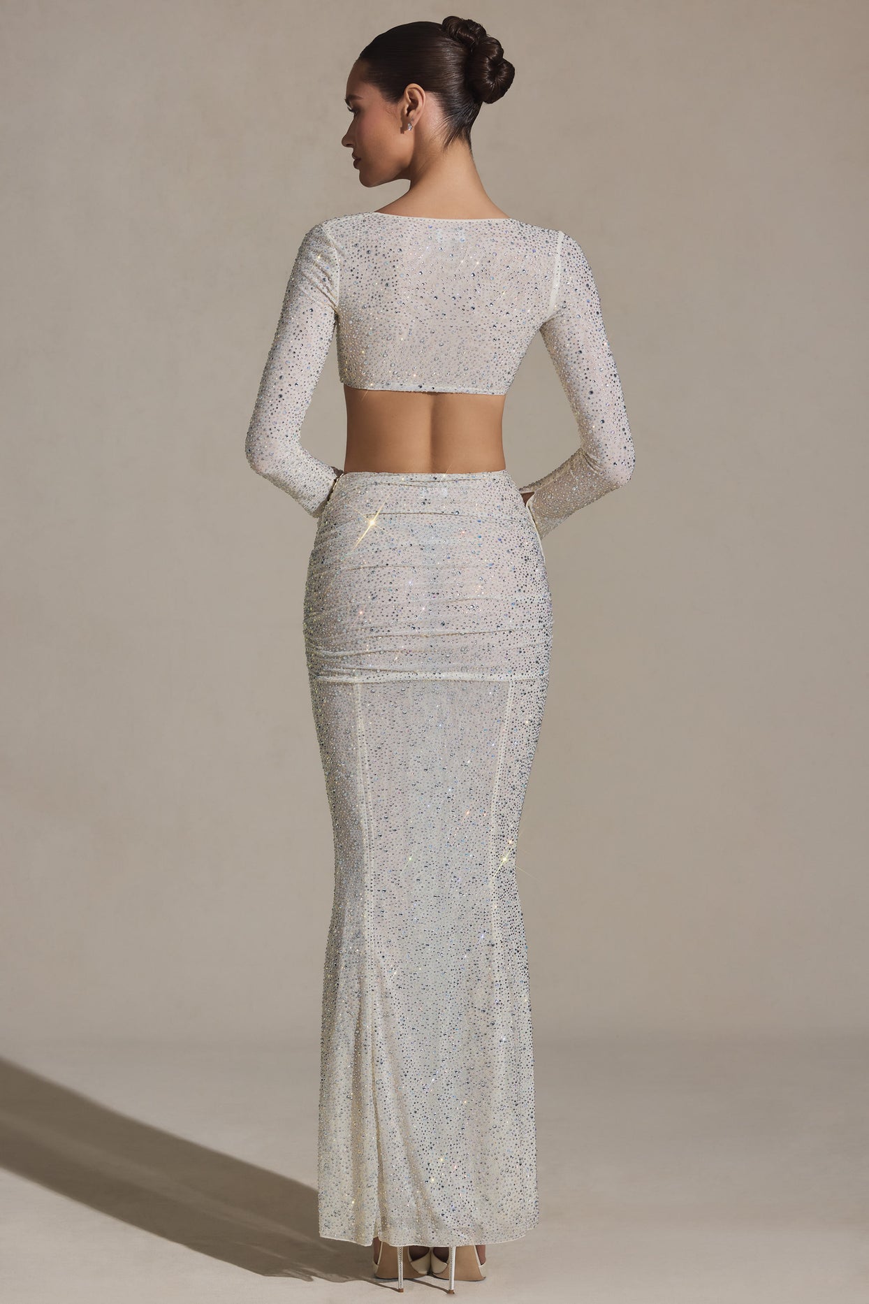 Embellished Ruched Maxi Skirt in White - 3