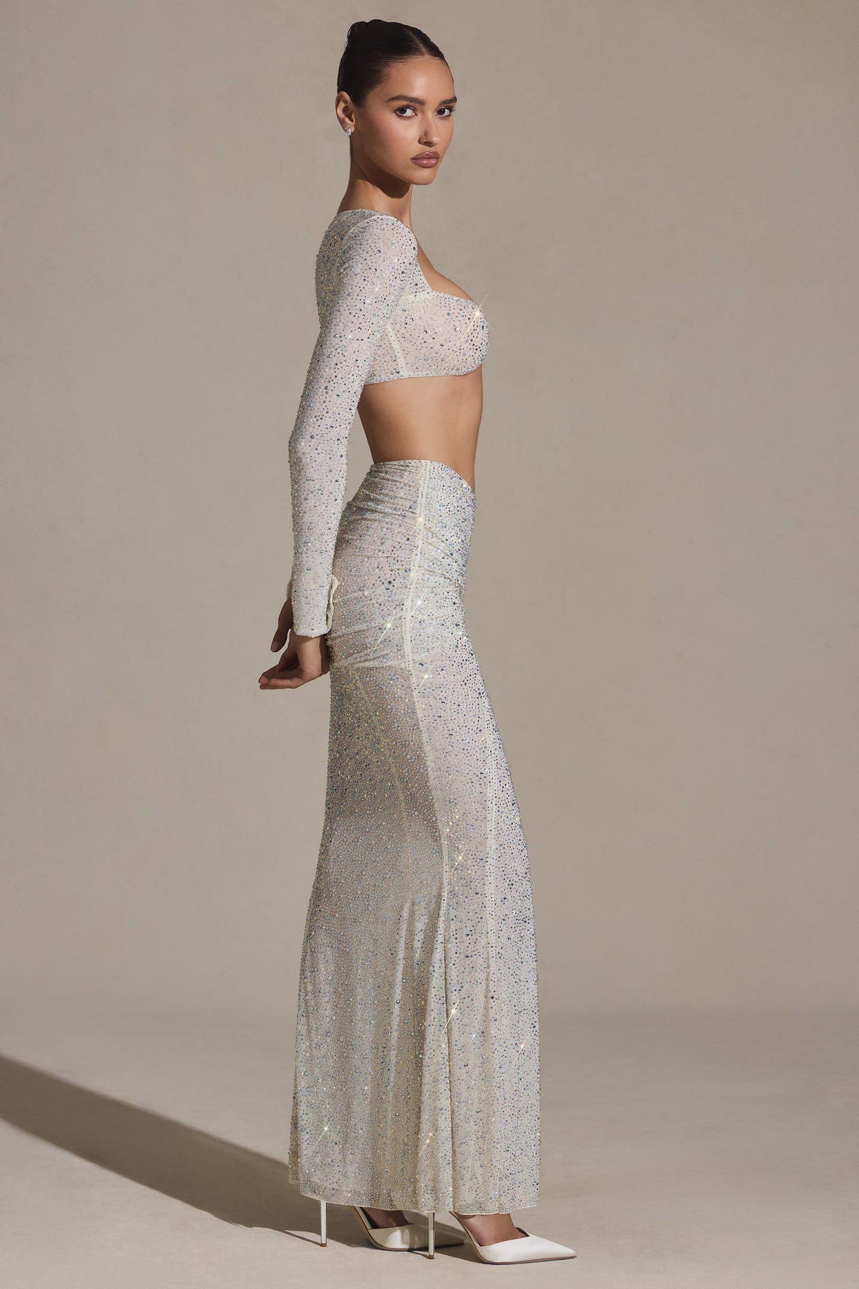 Embellished Ruched Maxi Skirt in White - 8