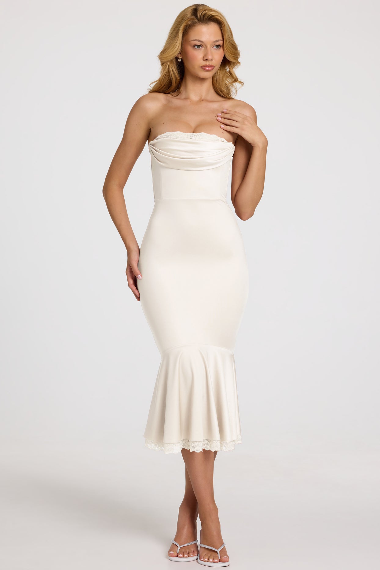 Satin Lace-Trim Bandeau Fluted Midaxi Dress in White - 1