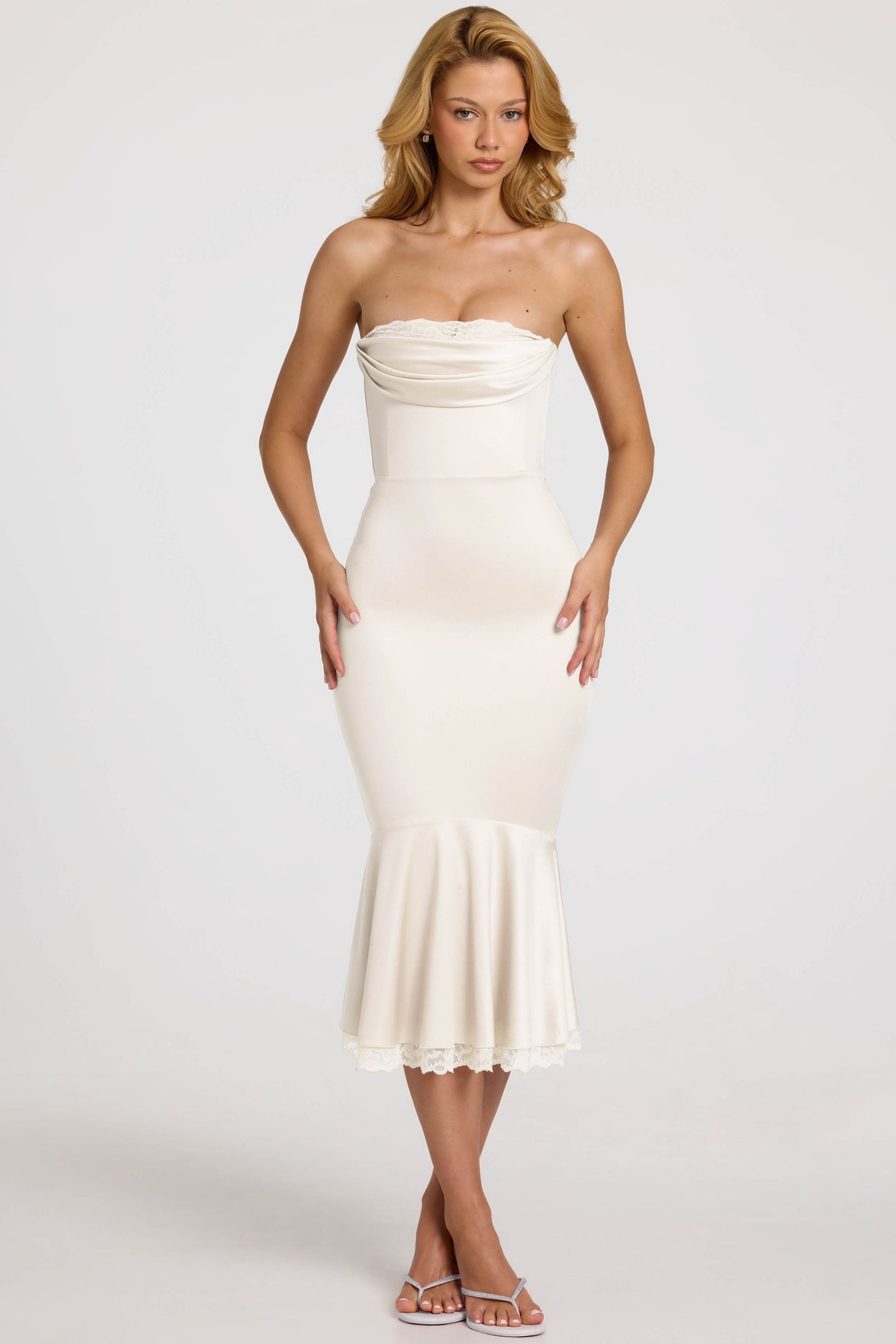 Satin Lace-Trim Bandeau Fluted Midaxi Dress in White - 8