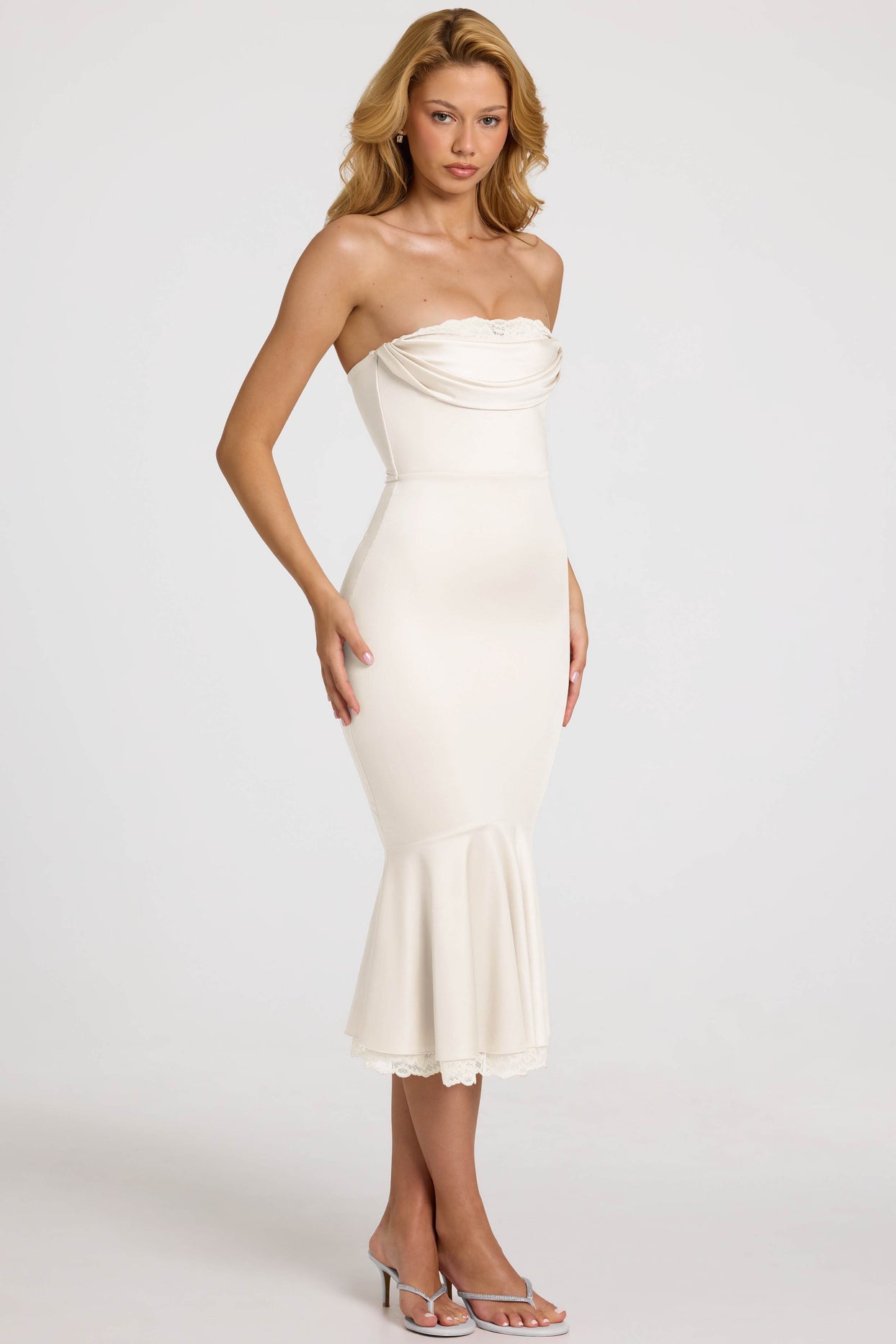 Satin Lace-Trim Bandeau Fluted Midaxi Dress in White - 7
