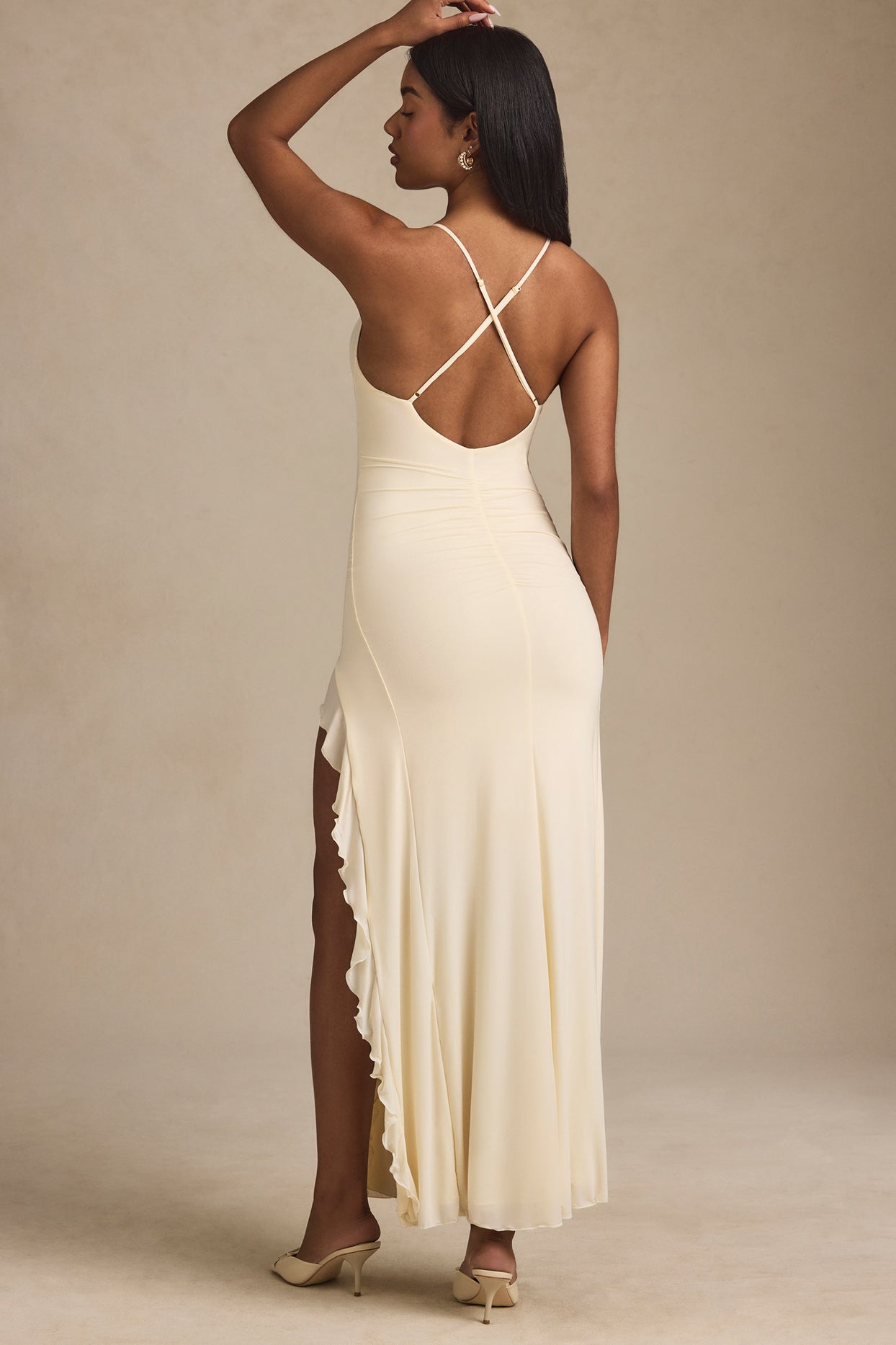 Ruched Ruffle-Trim Maxi Dress in Ivory - 2