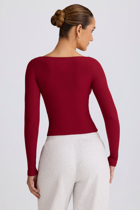 Ribbed Modal Ruched V-Neck Top in Burgundy