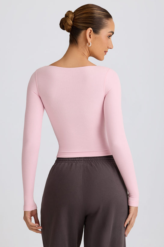 Ribbed Modal Ruched V-Neck Top in Soft Pink