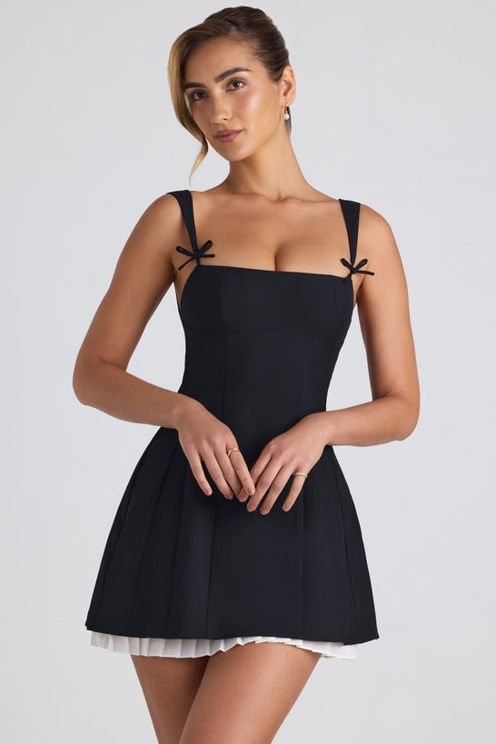 Bow-Detail Pleated A-Line Mini Dress in Black