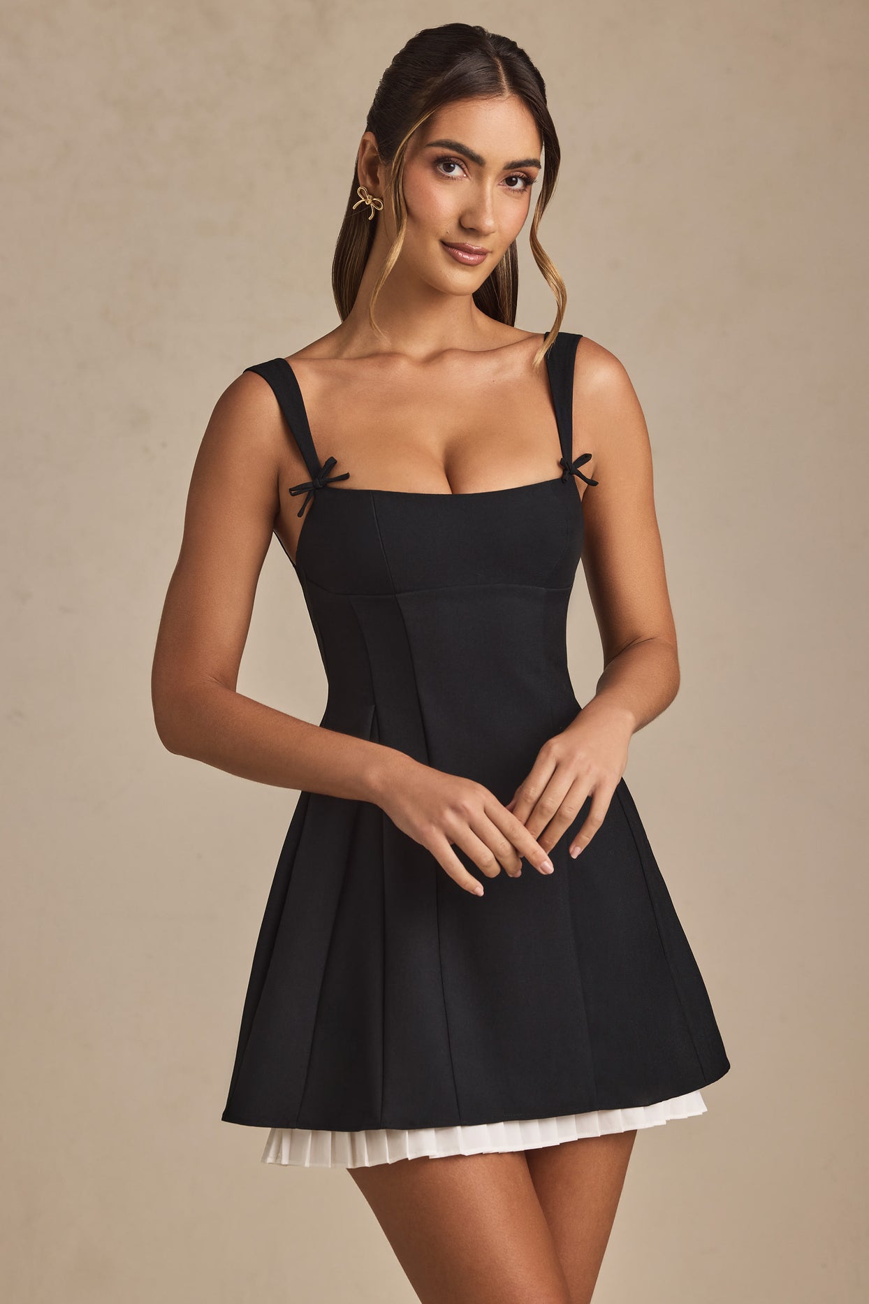Bow-Detail Pleated A-Line Mini Dress in Black - 7