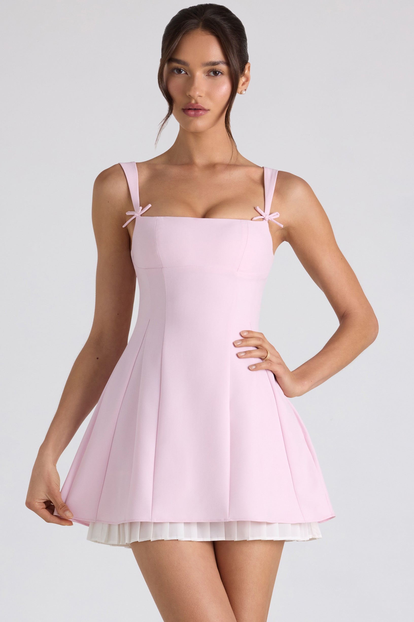 Bow-Detail Pleated A-Line Mini Dress in Soft Pink - 1