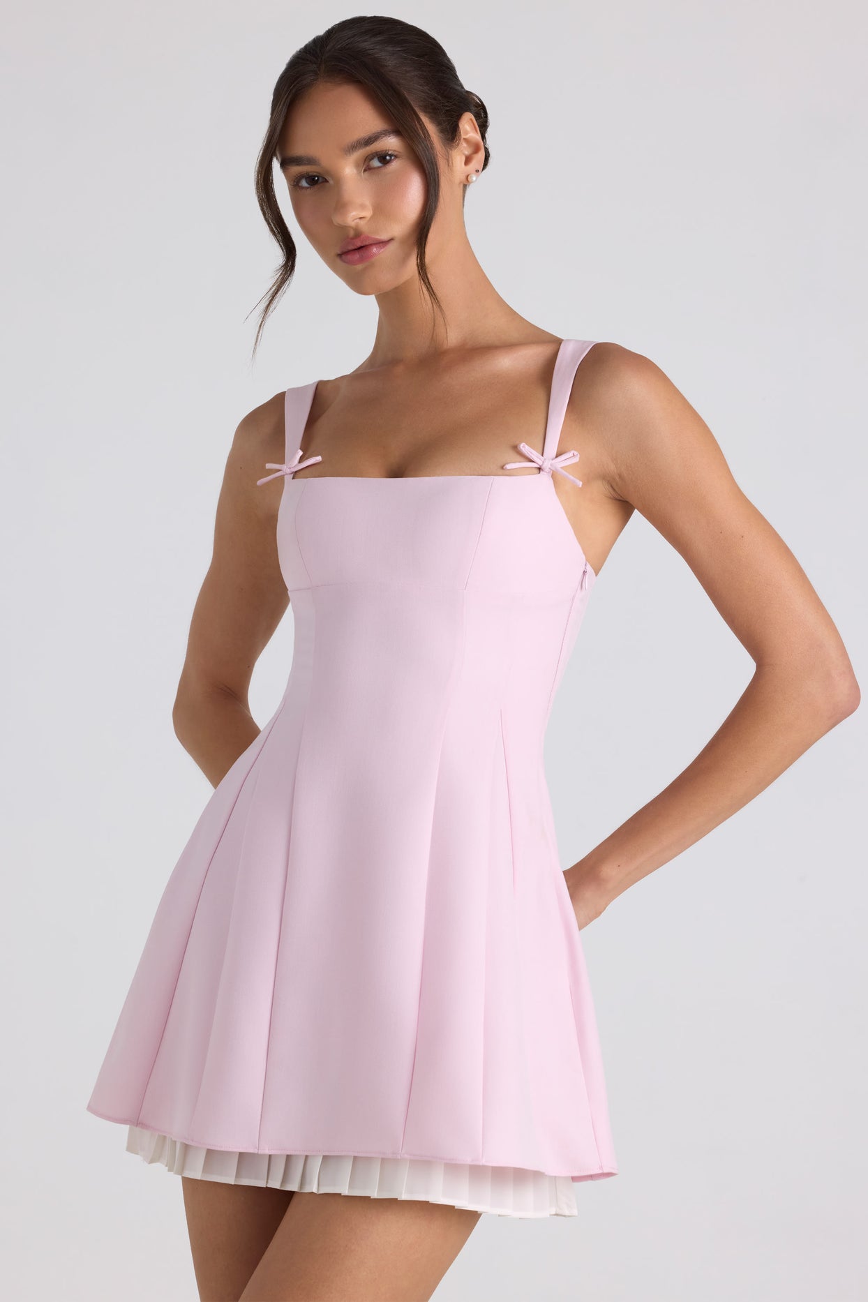 Bow-Detail Pleated A-Line Mini Dress in Soft Pink - 2