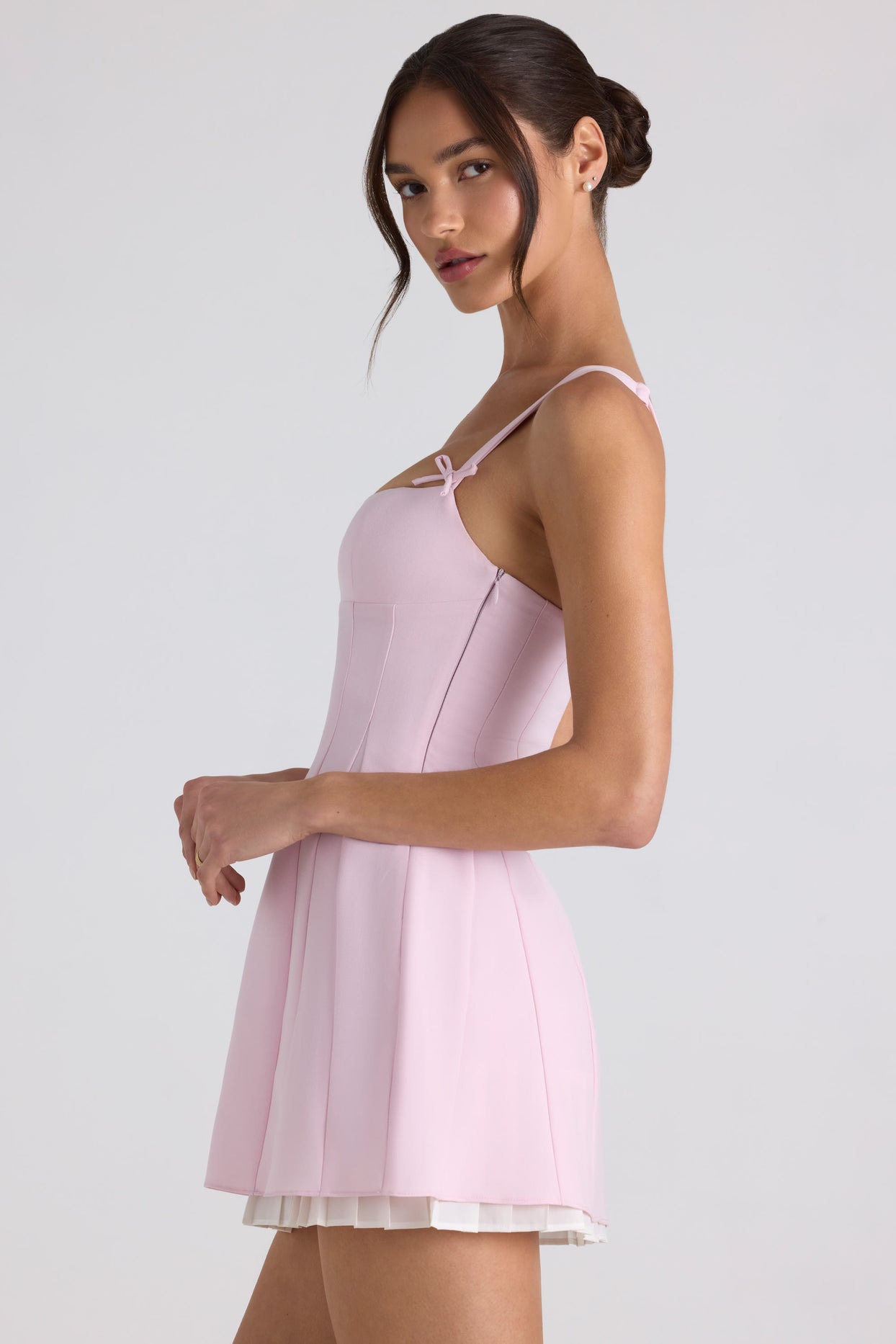 Bow-Detail Pleated A-Line Mini Dress in Soft Pink - 3