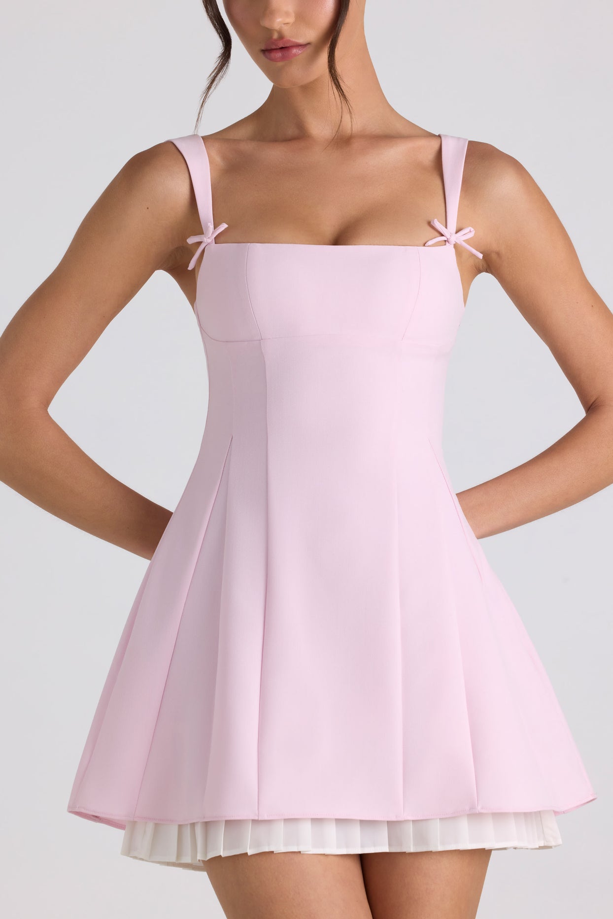 Bow-Detail Pleated A-Line Mini Dress in Soft Pink - 6