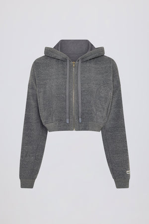 Terry Cotton Zip-Up Cropped Hoodie in Dark Grey