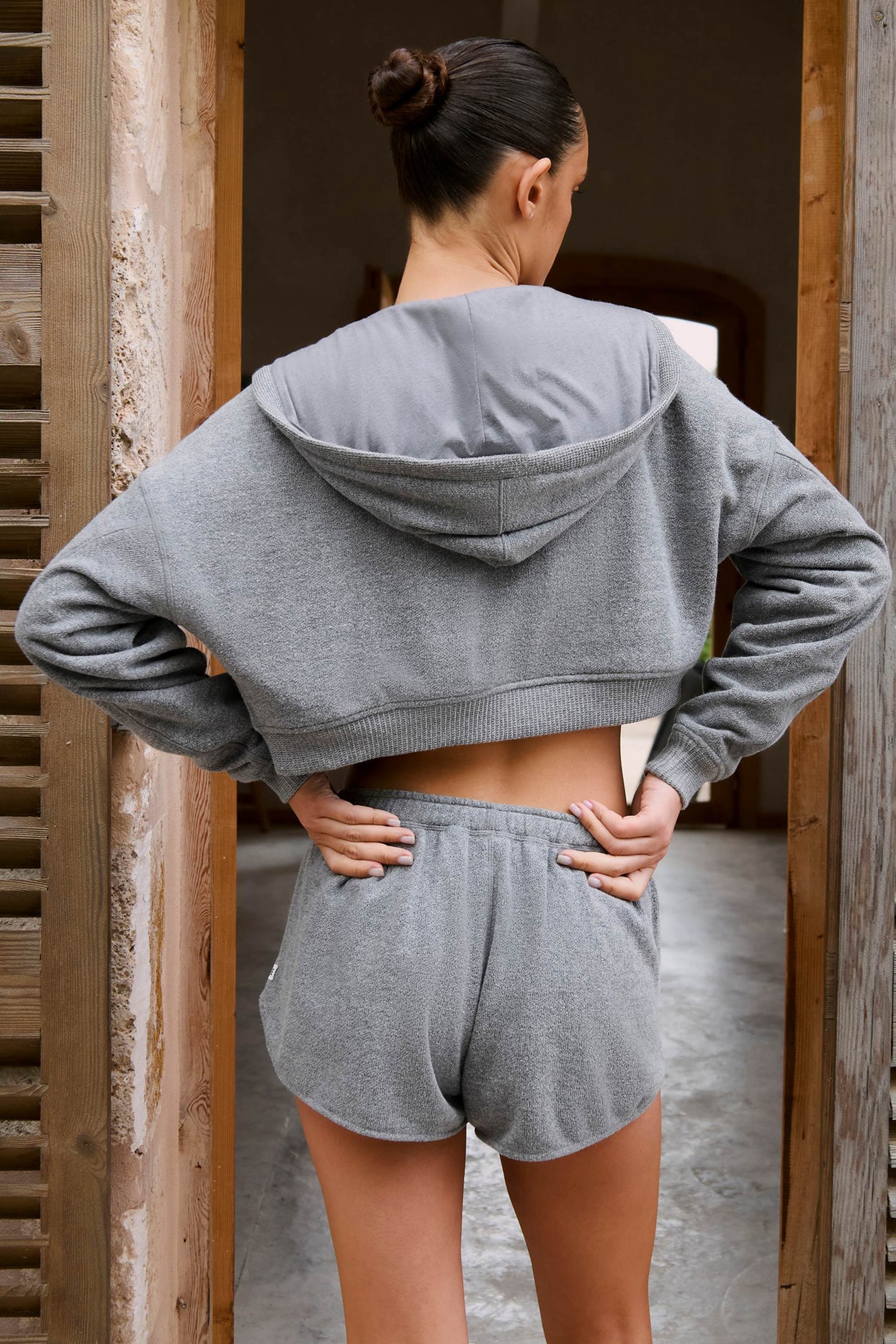 Terry Cotton Zip-Up Cropped Hoodie in Dark Grey - 3
