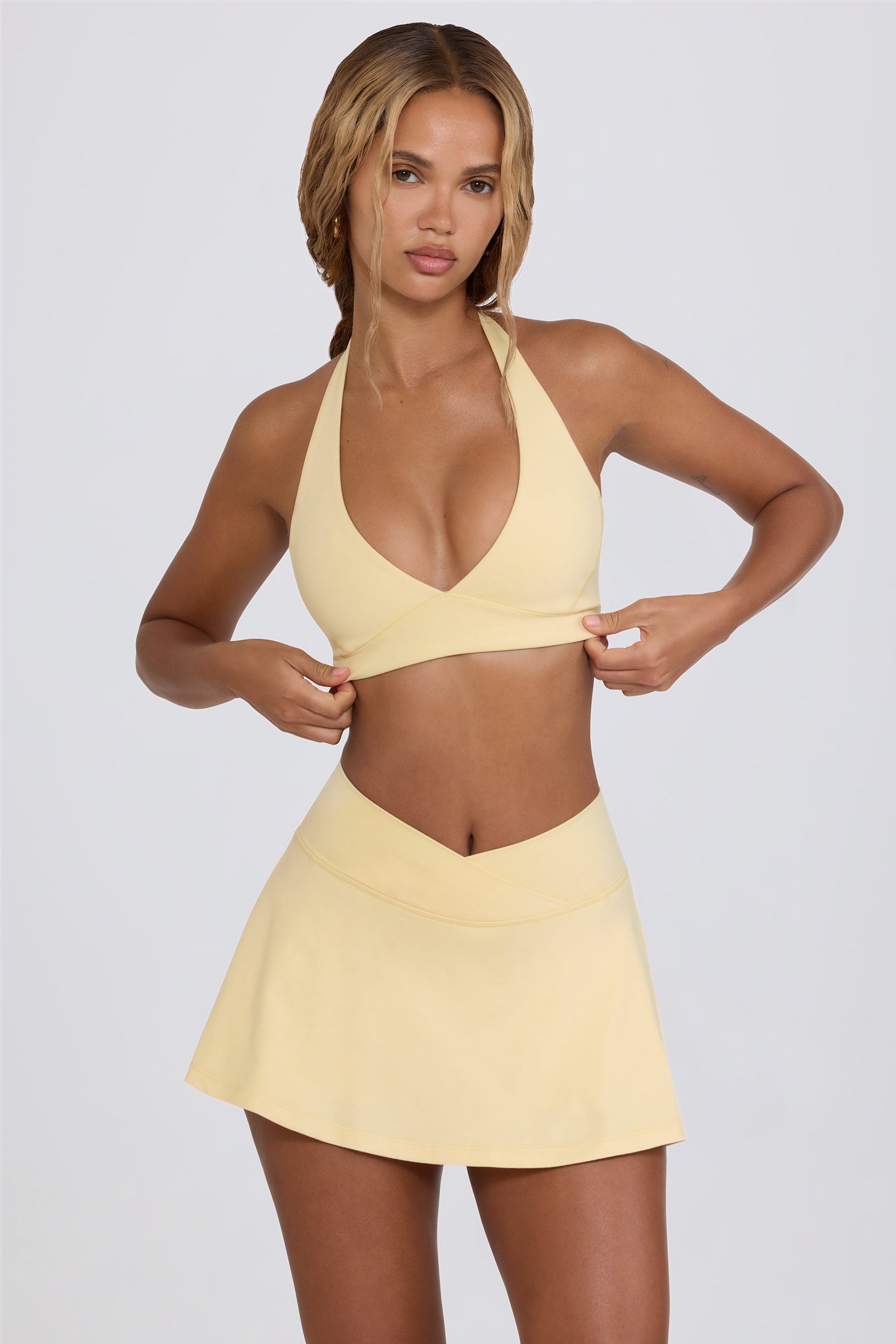 Brushed Jersey Crossover Mini Skort in Lemon Marl - 1