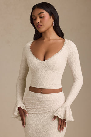 Ruffle Long-Sleeve Lace Top in Ivory