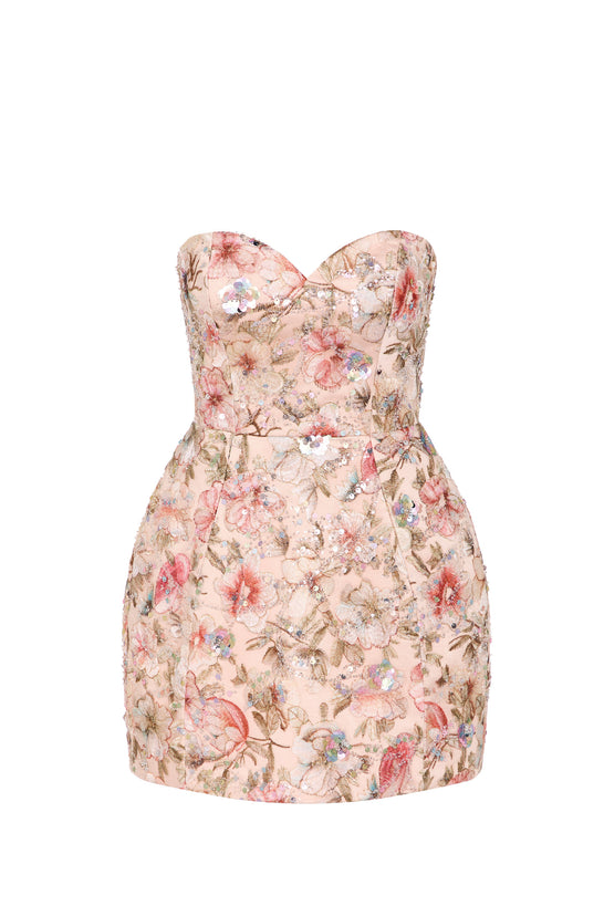 Embellished Strapless A-Line Mini Dress in Floral Beige