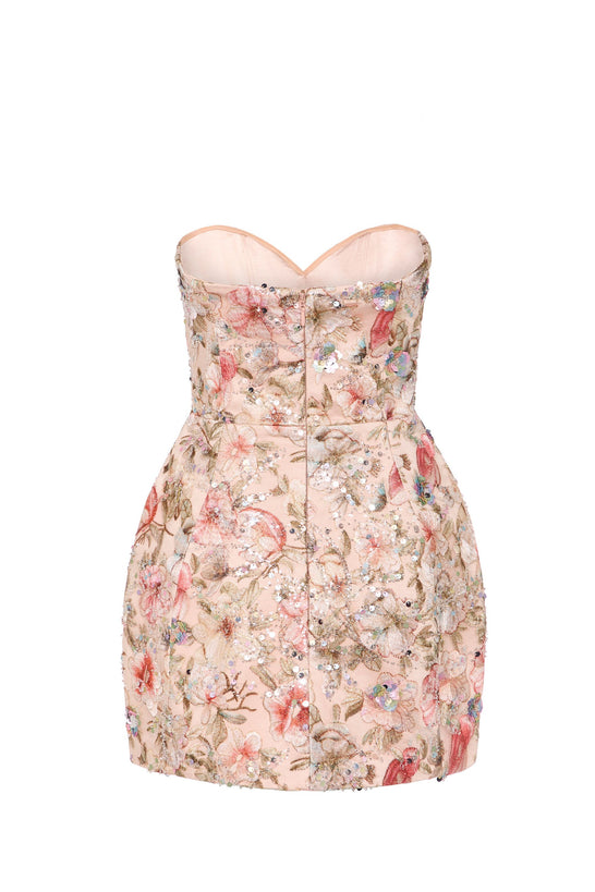 Embellished Strapless A-Line Mini Dress in Floral Beige