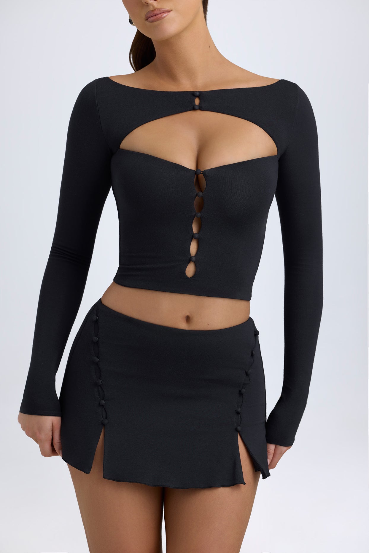 Modal Button-Detail Low-Rise Mini Skirt in Black - 4