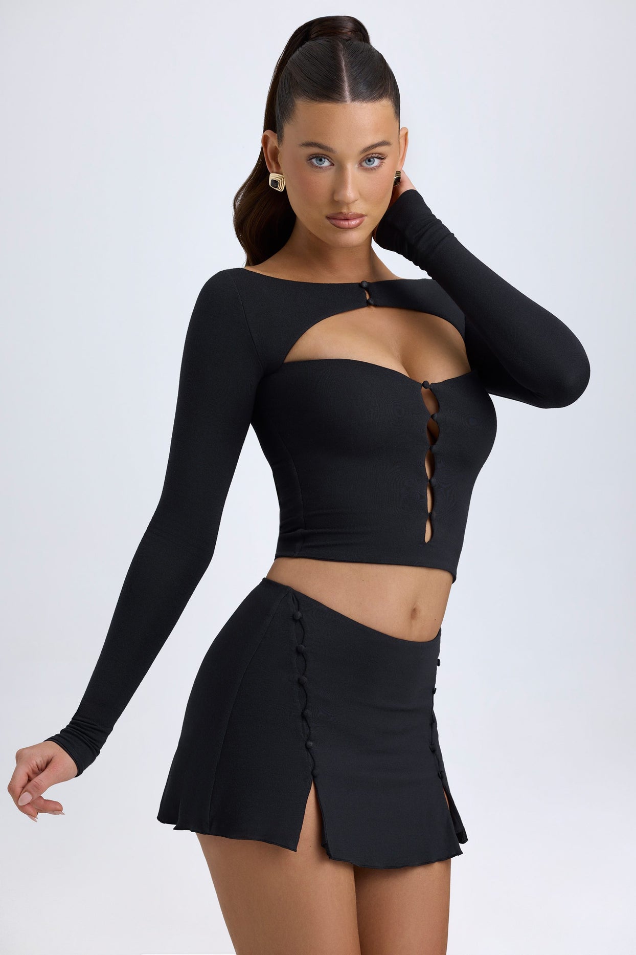 Modal Button-Detail Low-Rise Mini Skirt in Black - 7