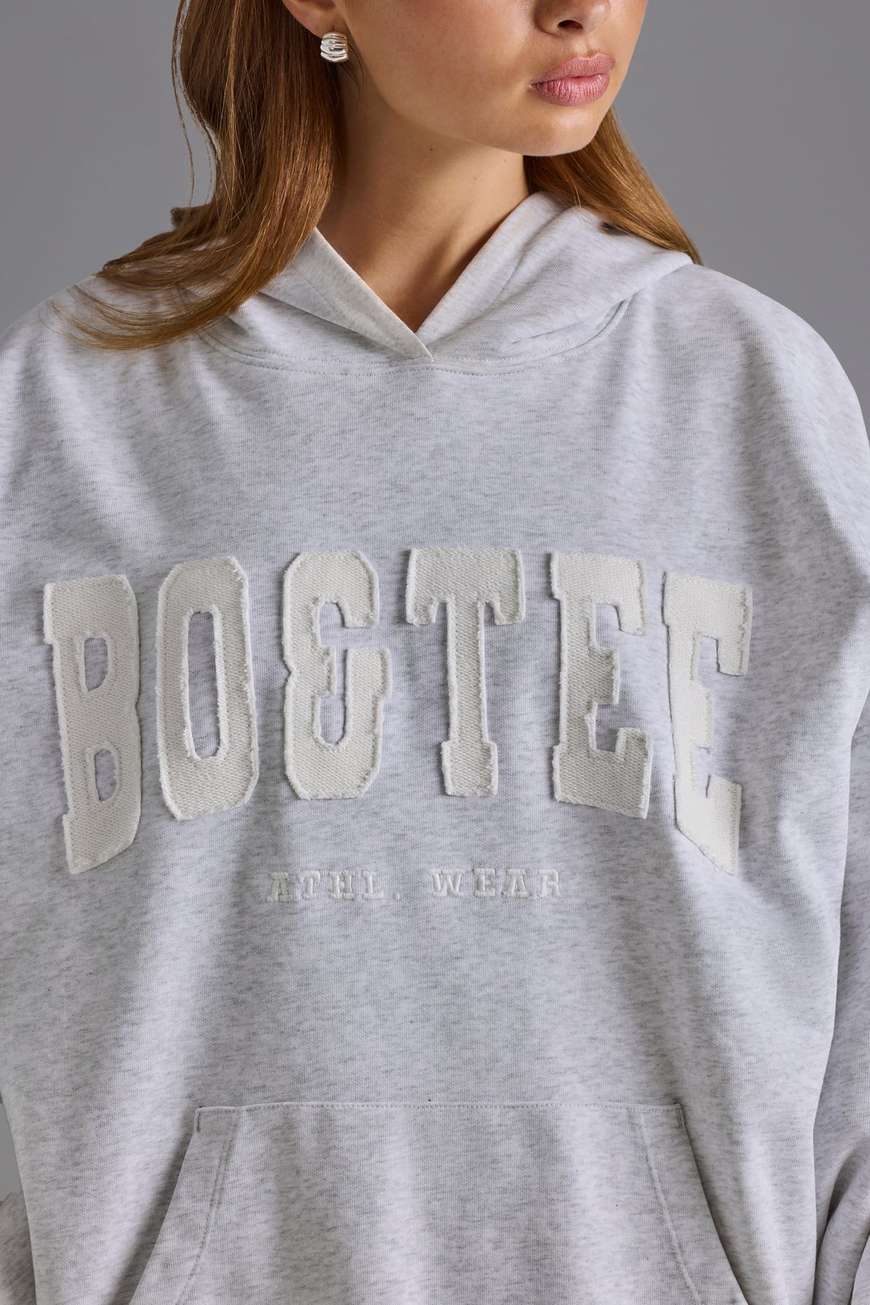 Cotton Fleece Appliqué Oversized Hoodie in Grey Marl - 4