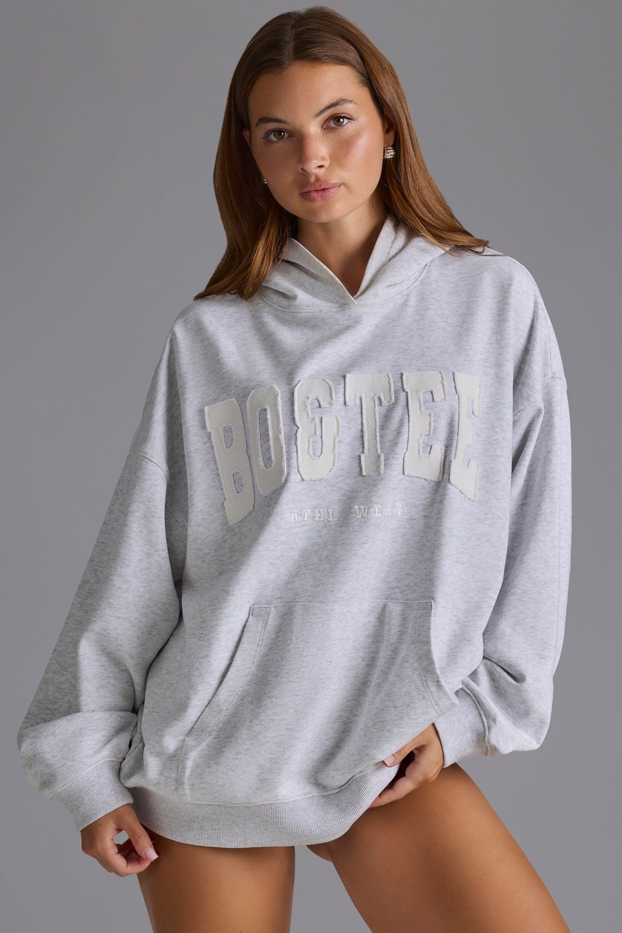 Cotton Fleece Appliqué Oversized Hoodie in Grey Marl - 6