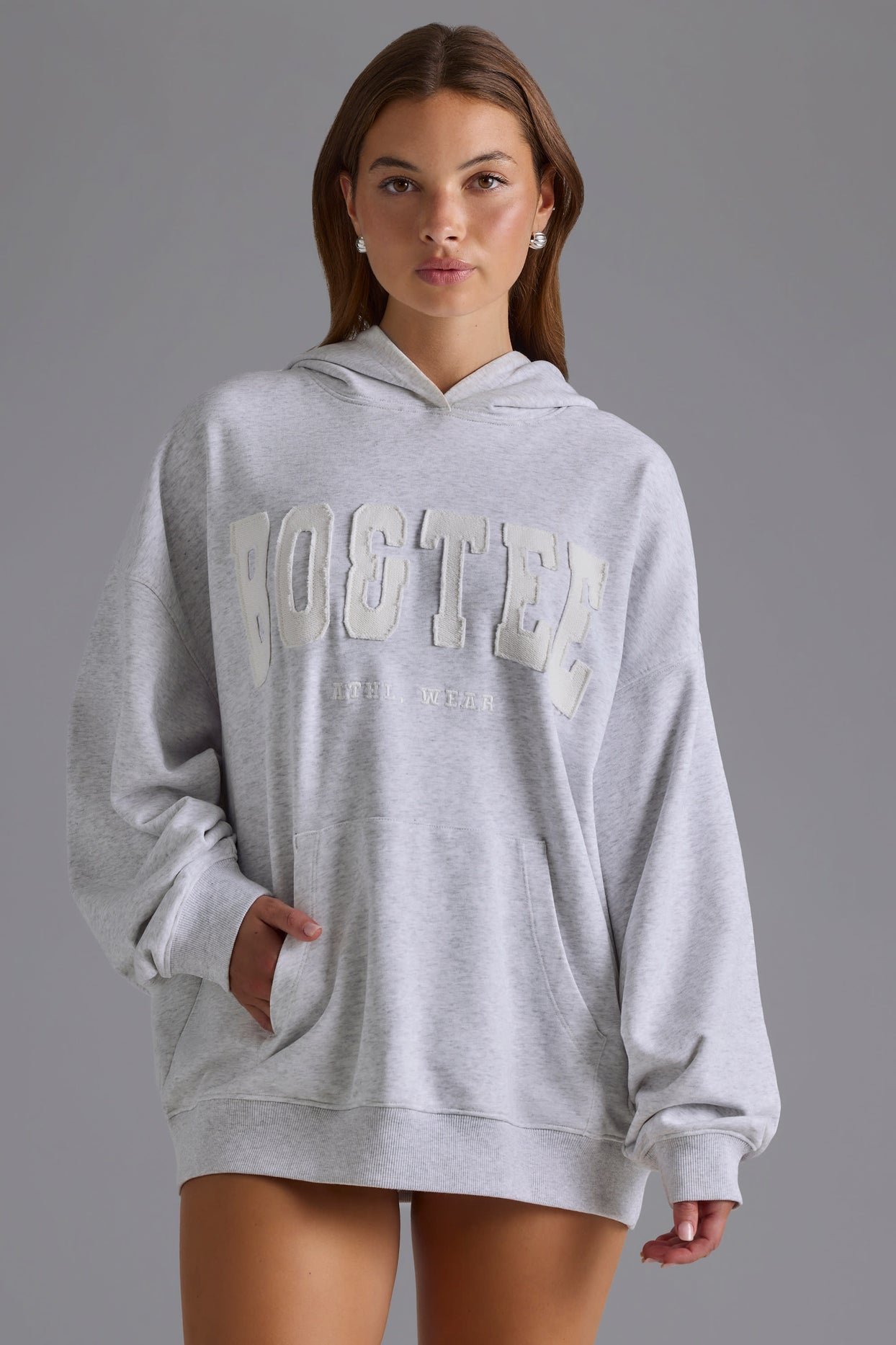 Cotton Fleece Appliqué Oversized Hoodie in Grey Marl - 7