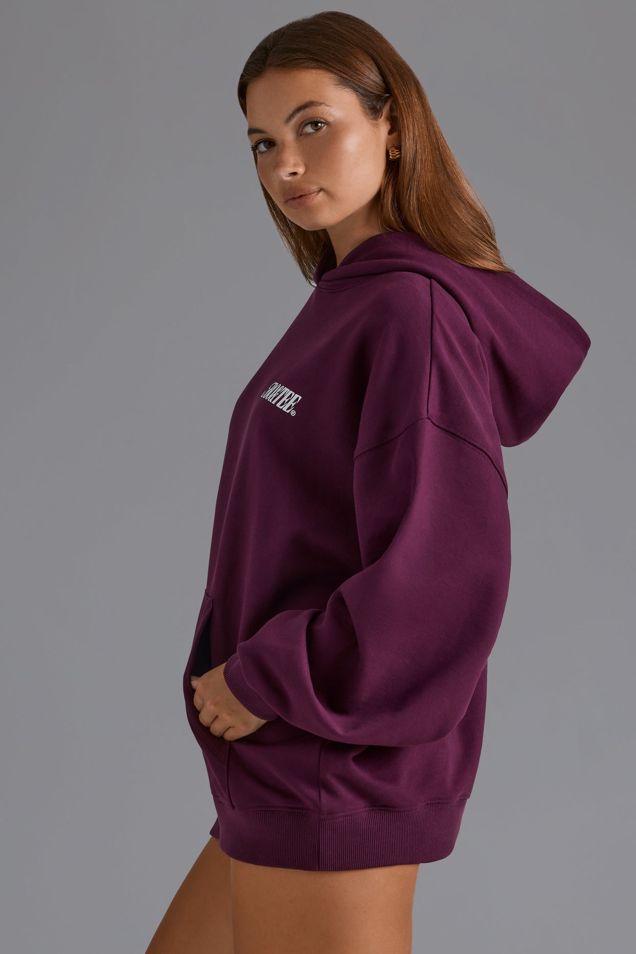 Cotton Fleece Appliqué Oversized Hoodie in Grape - 3