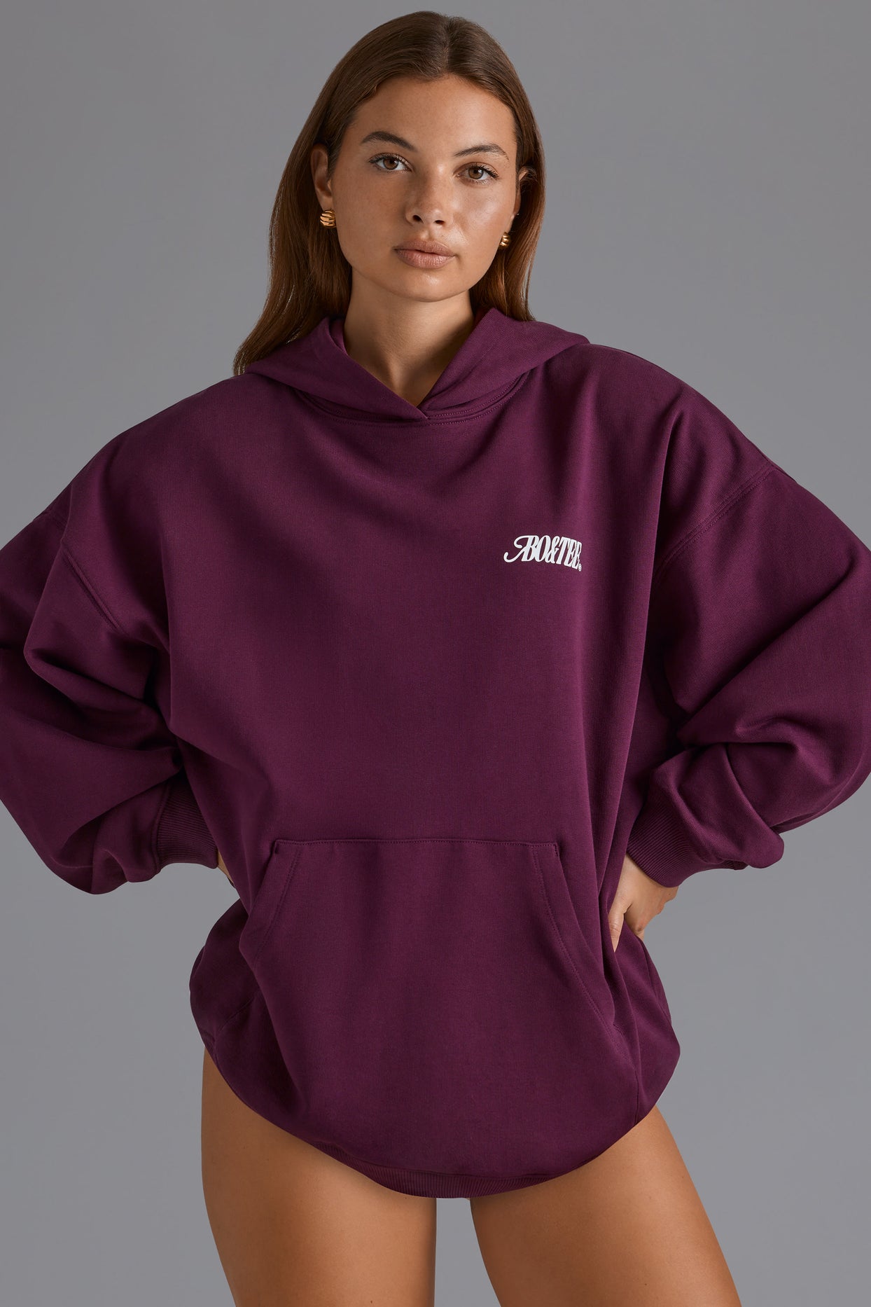 Cotton Fleece Appliqué Oversized Hoodie in Grape - 7