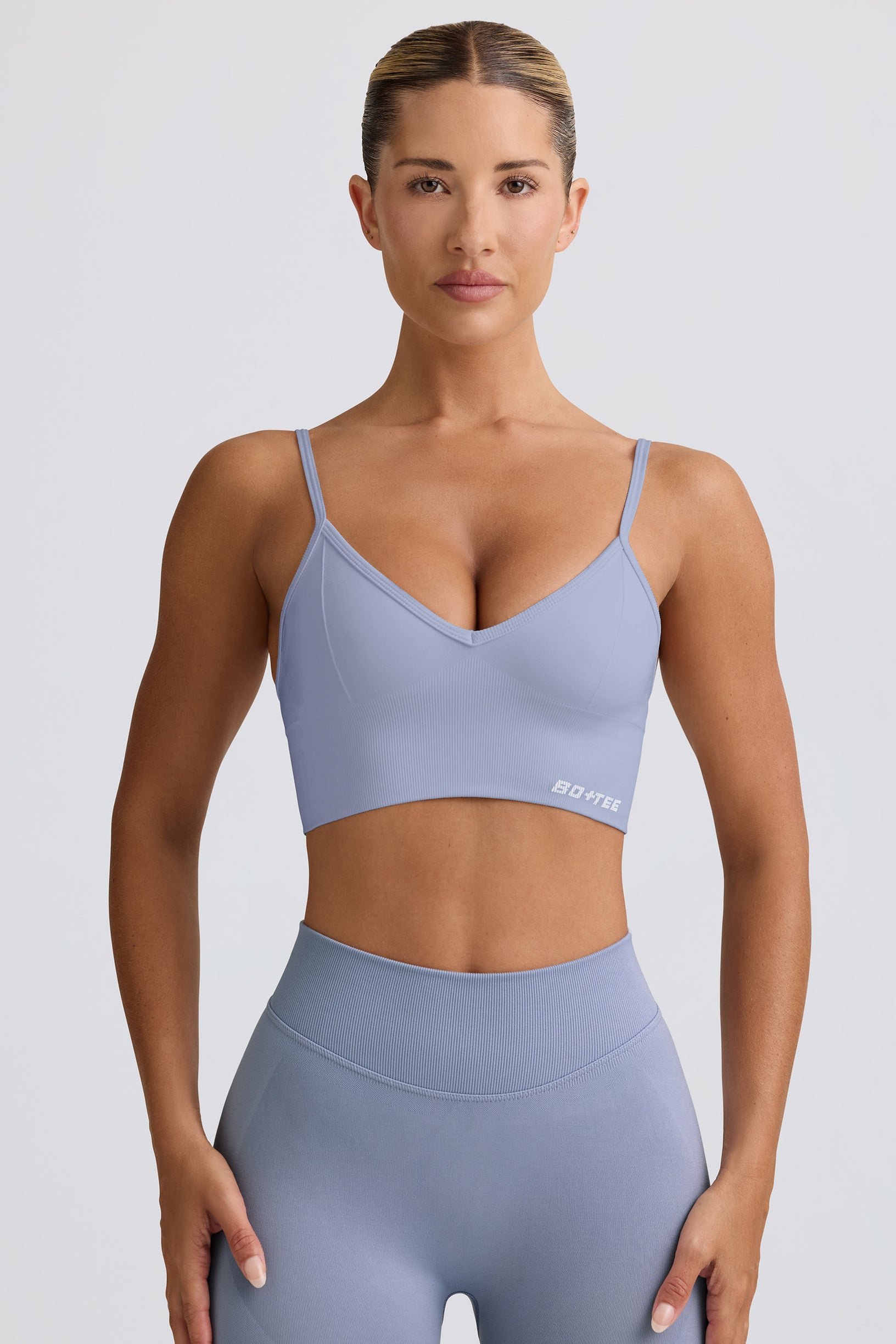 Define Luxe V-Neck Sports Bra in Blue Grey - 1