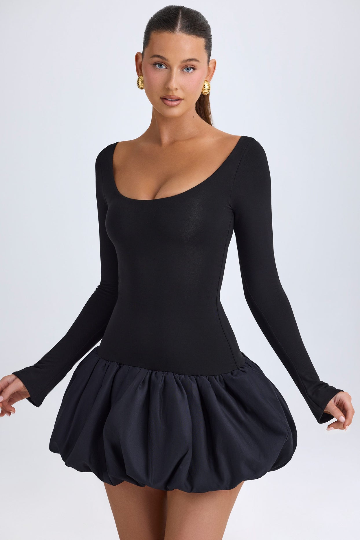 Modal Scoop-Neck Drop-Waist Bubble Hem Mini Dress in Black - 1
