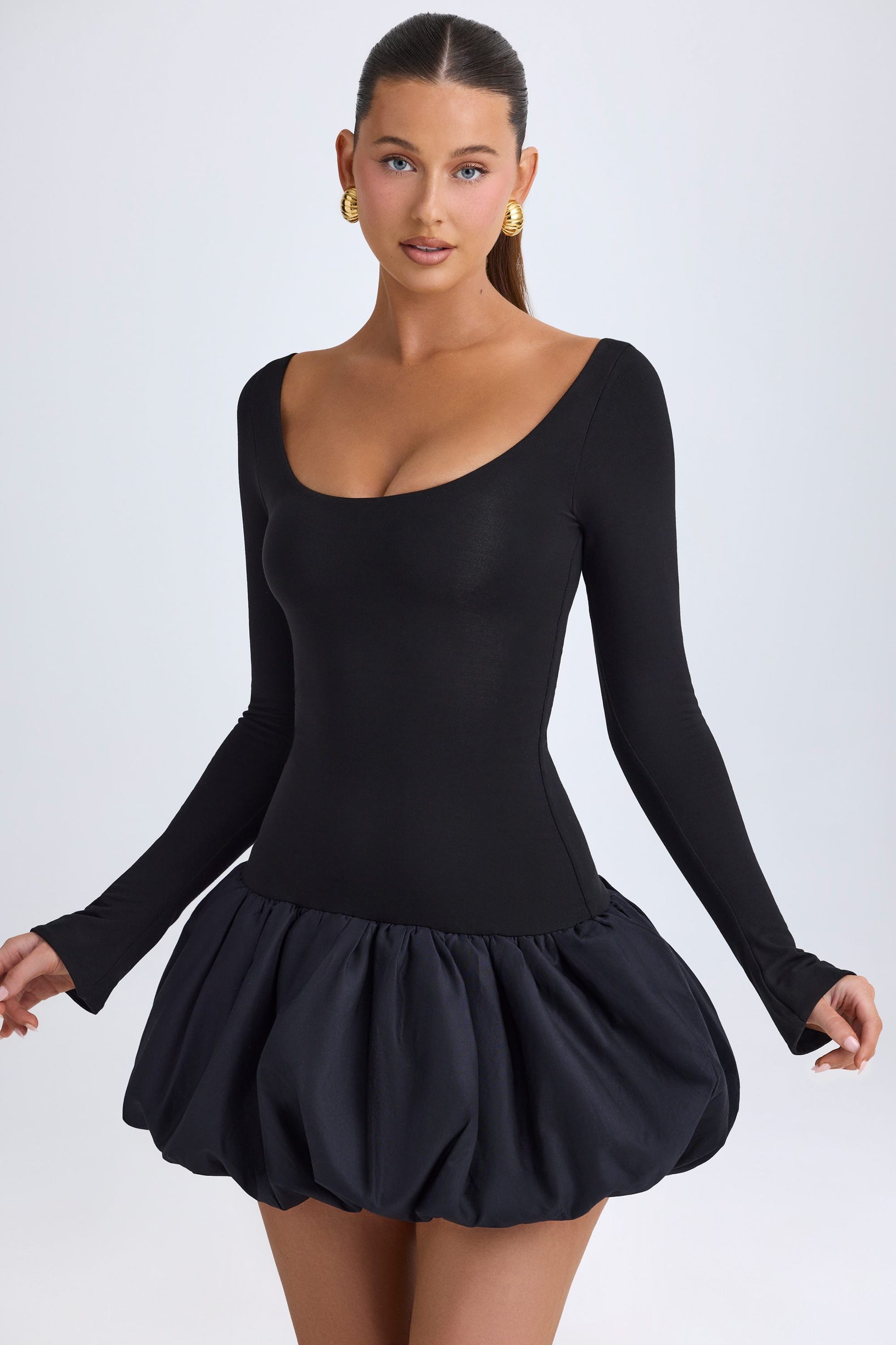 Modal Scoop-Neck Drop-Waist Bubble Hem Mini Dress in Black - 1