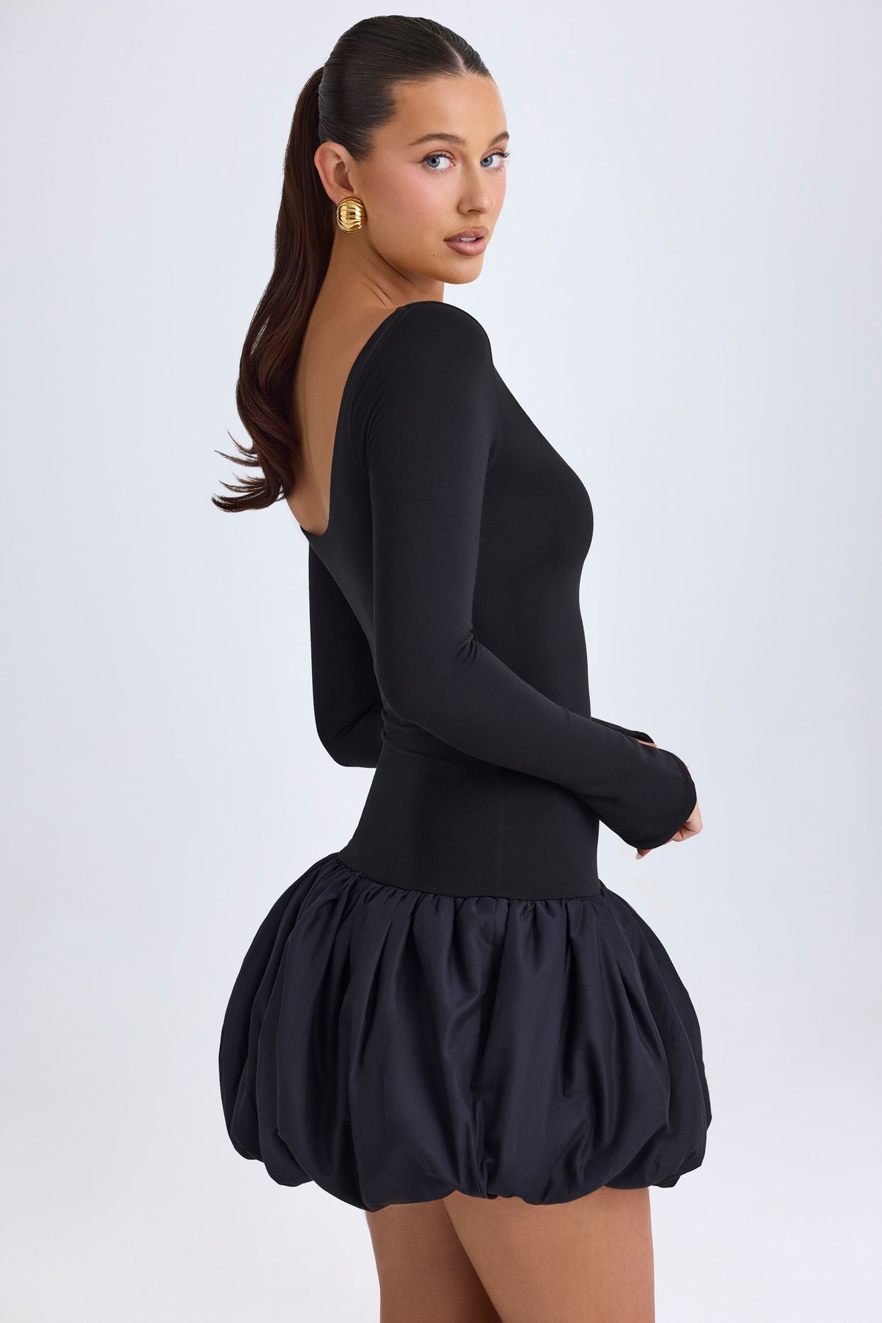 Modal Scoop-Neck Drop-Waist Bubble Hem Mini Dress in Black - 4