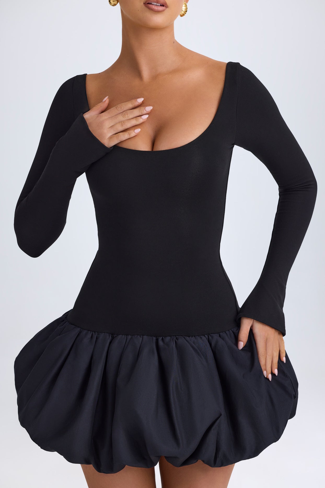 Modal Scoop-Neck Drop-Waist Bubble Hem Mini Dress in Black - 5