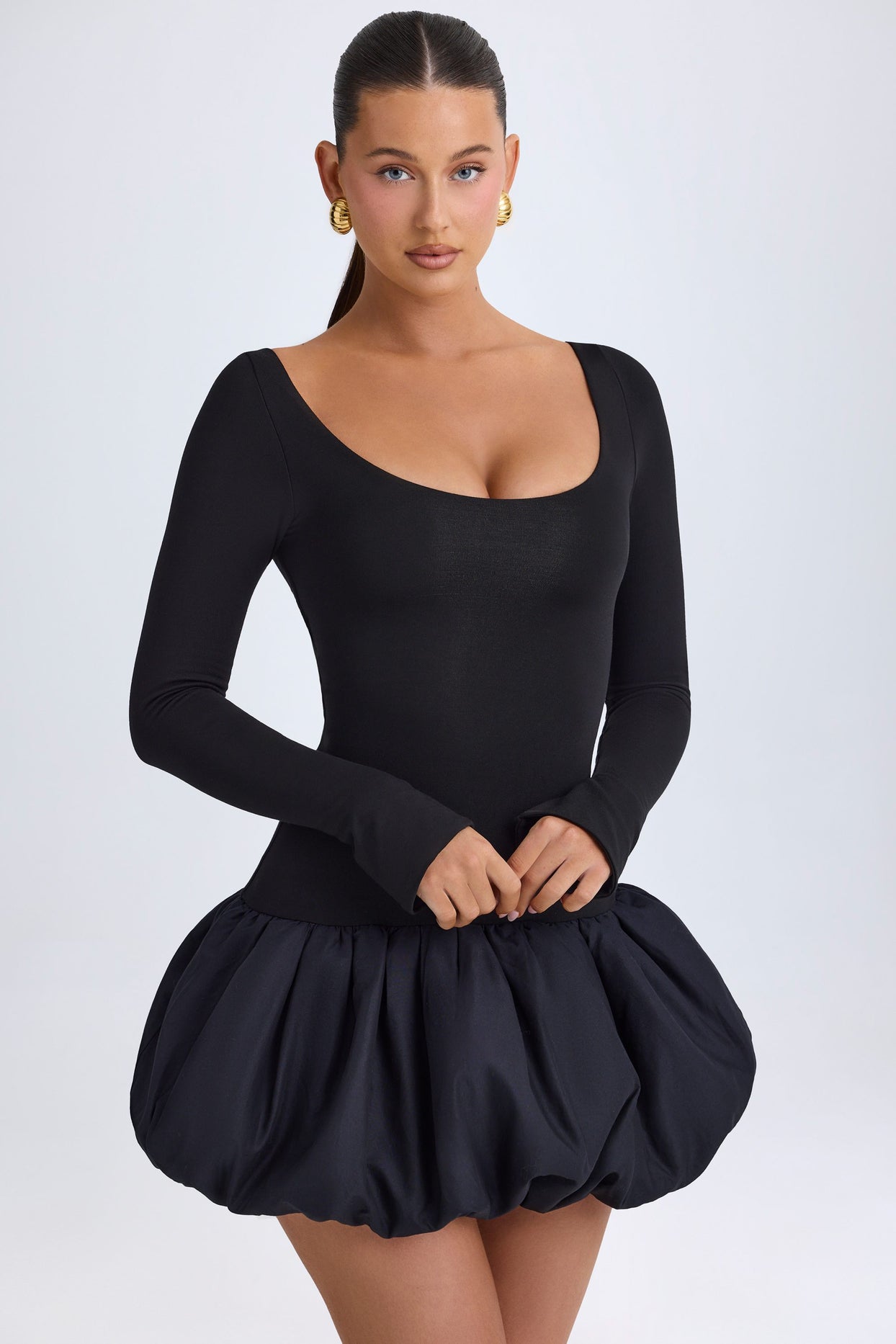 Modal Scoop-Neck Drop-Waist Bubble Hem Mini Dress in Black - 6