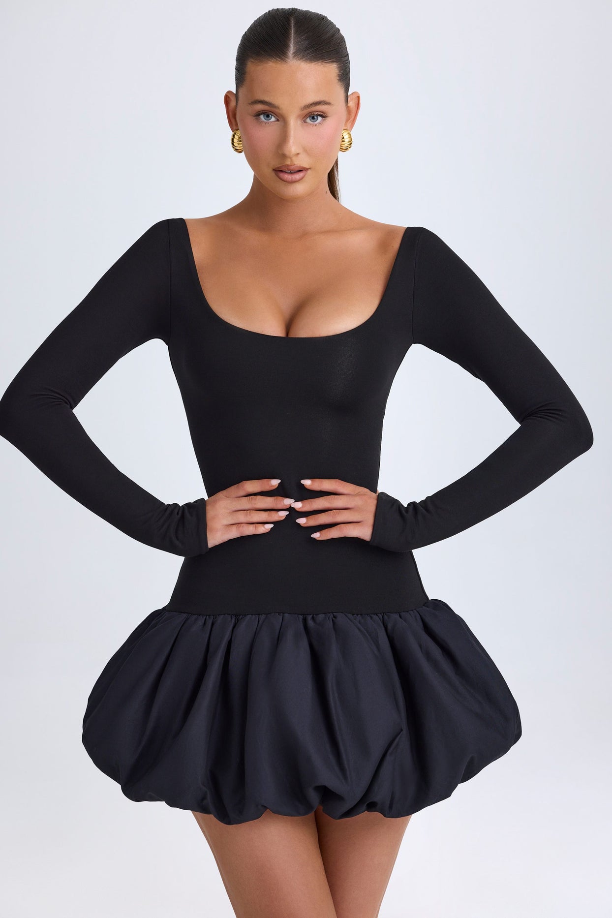 Modal Scoop-Neck Drop-Waist Bubble Hem Mini Dress in Black - 7