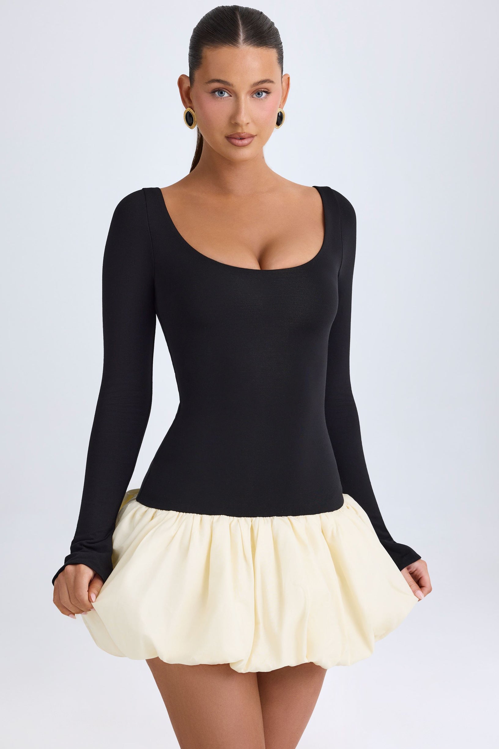 Modal Scoop-Neck Drop-Waist Bubble Hem Mini Dress in Vanilla - 1