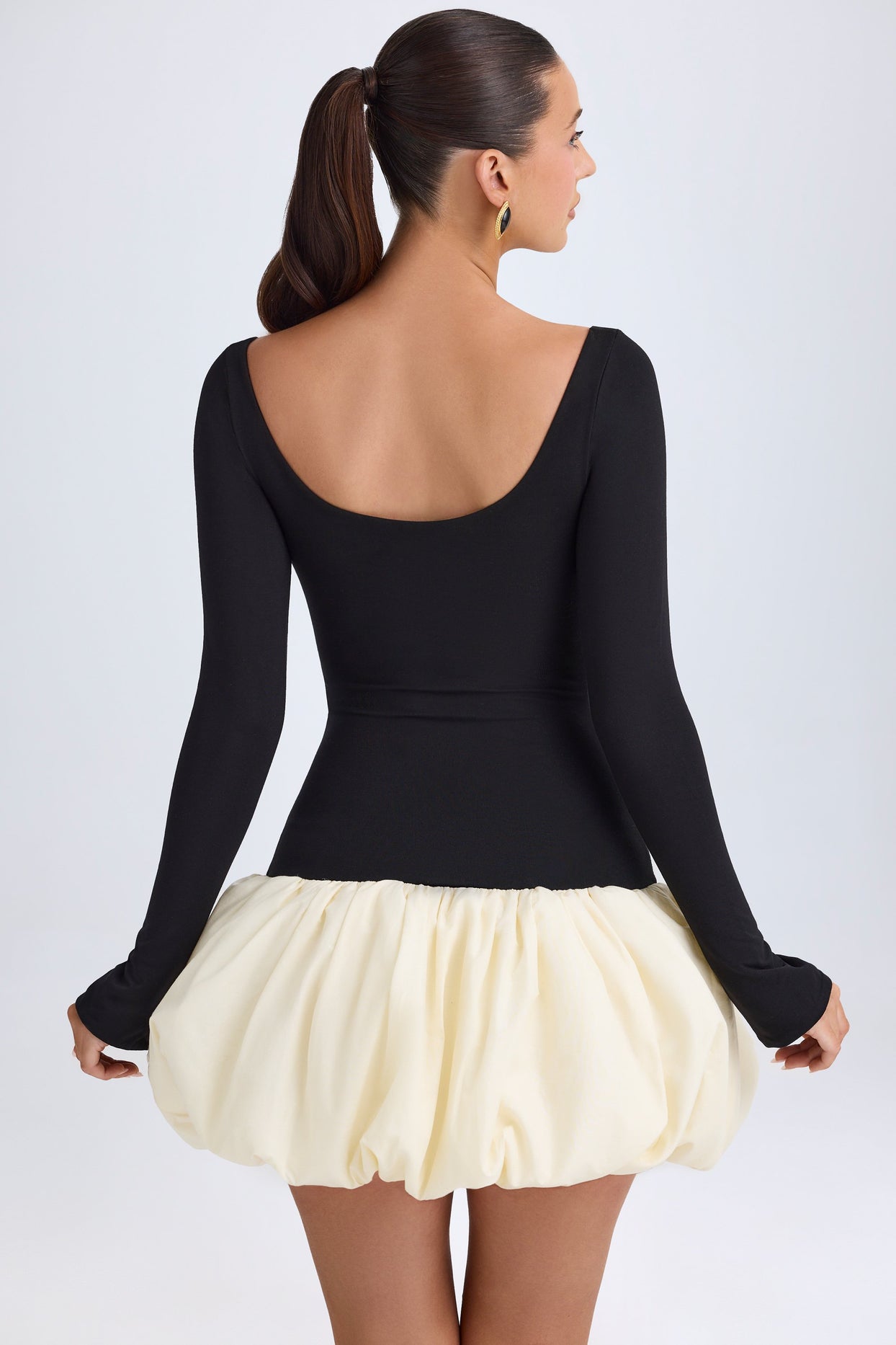 Modal Scoop-Neck Drop-Waist Bubble Hem Mini Dress in Vanilla - 3