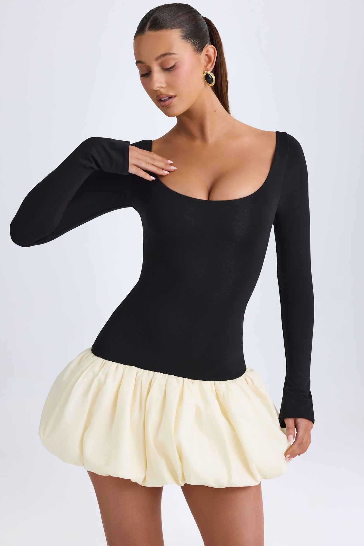 Modal Scoop-Neck Drop-Waist Bubble Hem Mini Dress in Vanilla - 6