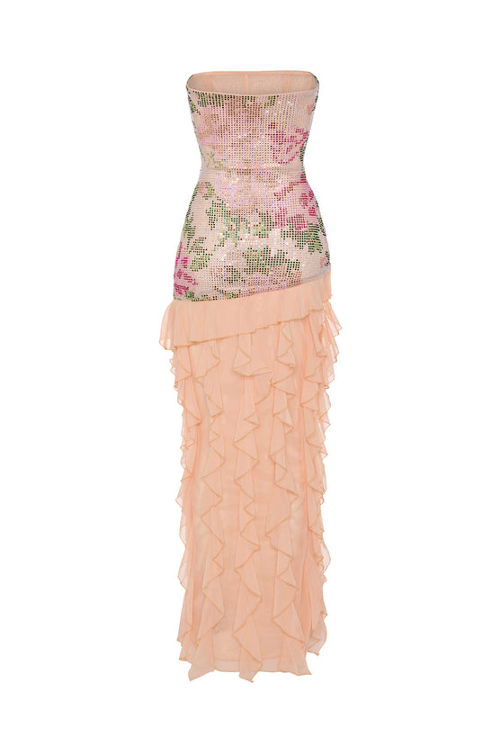 Embellished Ruffle-Trim Strapless Gown in Rose Hotfix