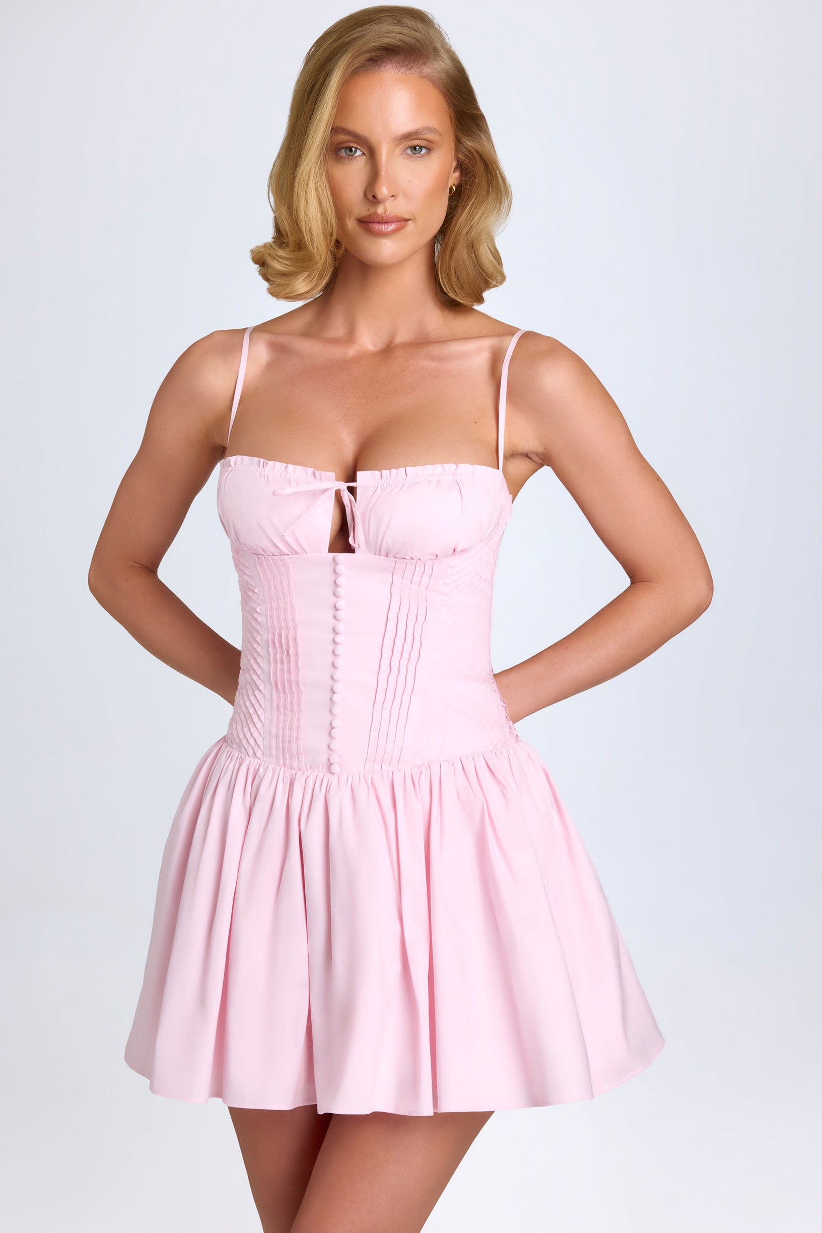 Pintucked Shirred Mini Dress in Blush - 1