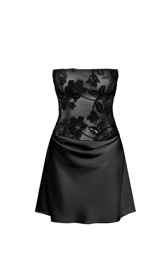 Embellished Draped Strapless A-Line Mini Dress in Black