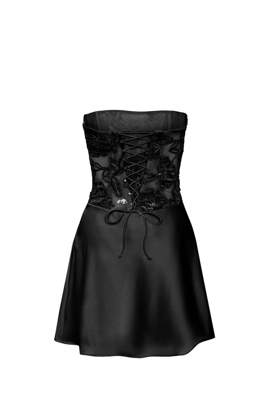 Embellished Draped Strapless A-Line Mini Dress in Black