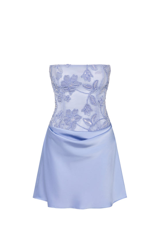 Embellished Draped Strapless A-Line Mini Dress in Sky Blue