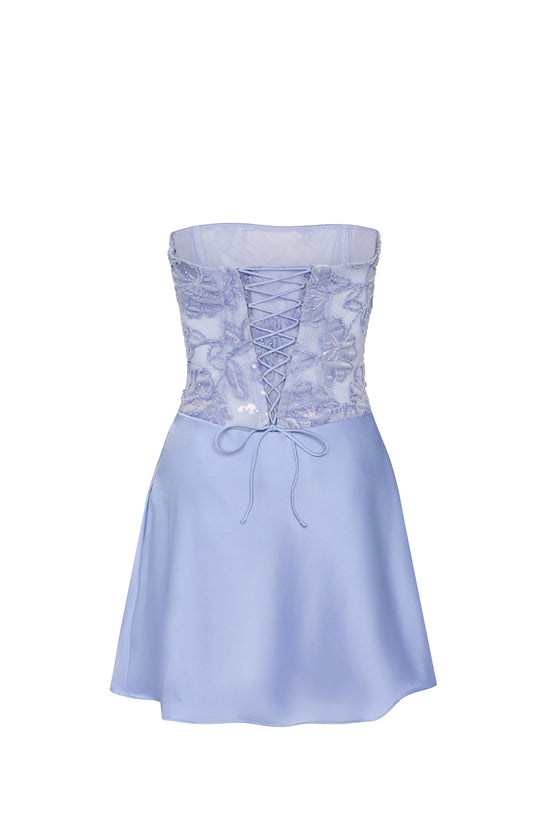 Embellished Draped Strapless A-Line Mini Dress in Sky Blue