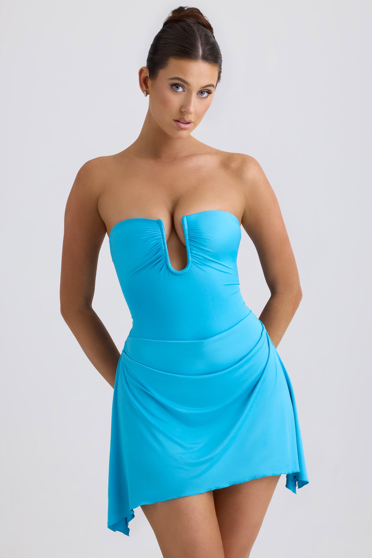 Slinky Jersey Draped A-Line Mini Dress in Ocean Blue - 1