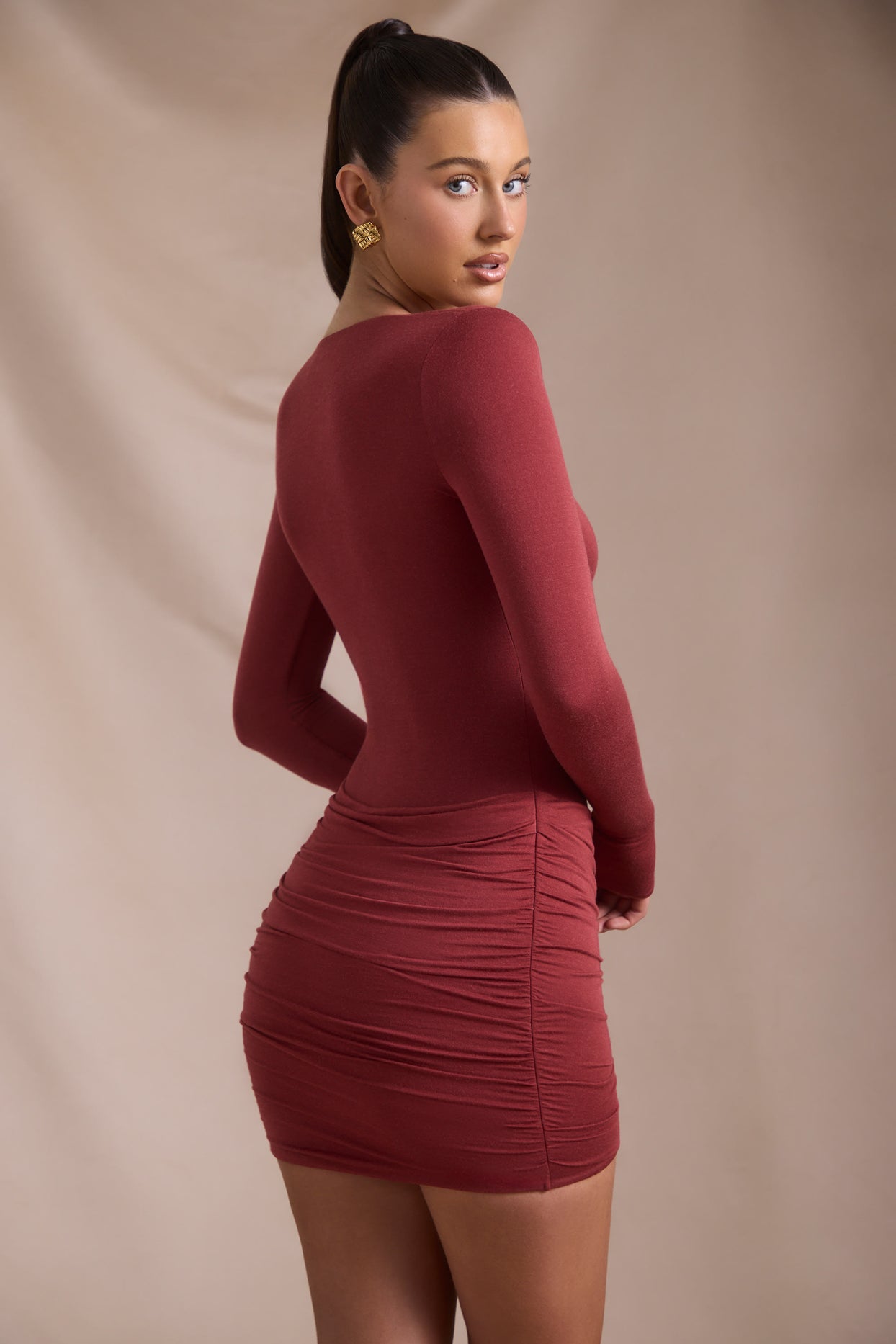 Modal-Cashmere Blend Draped Long-Sleeve Mini Dress in Brick Red - 6