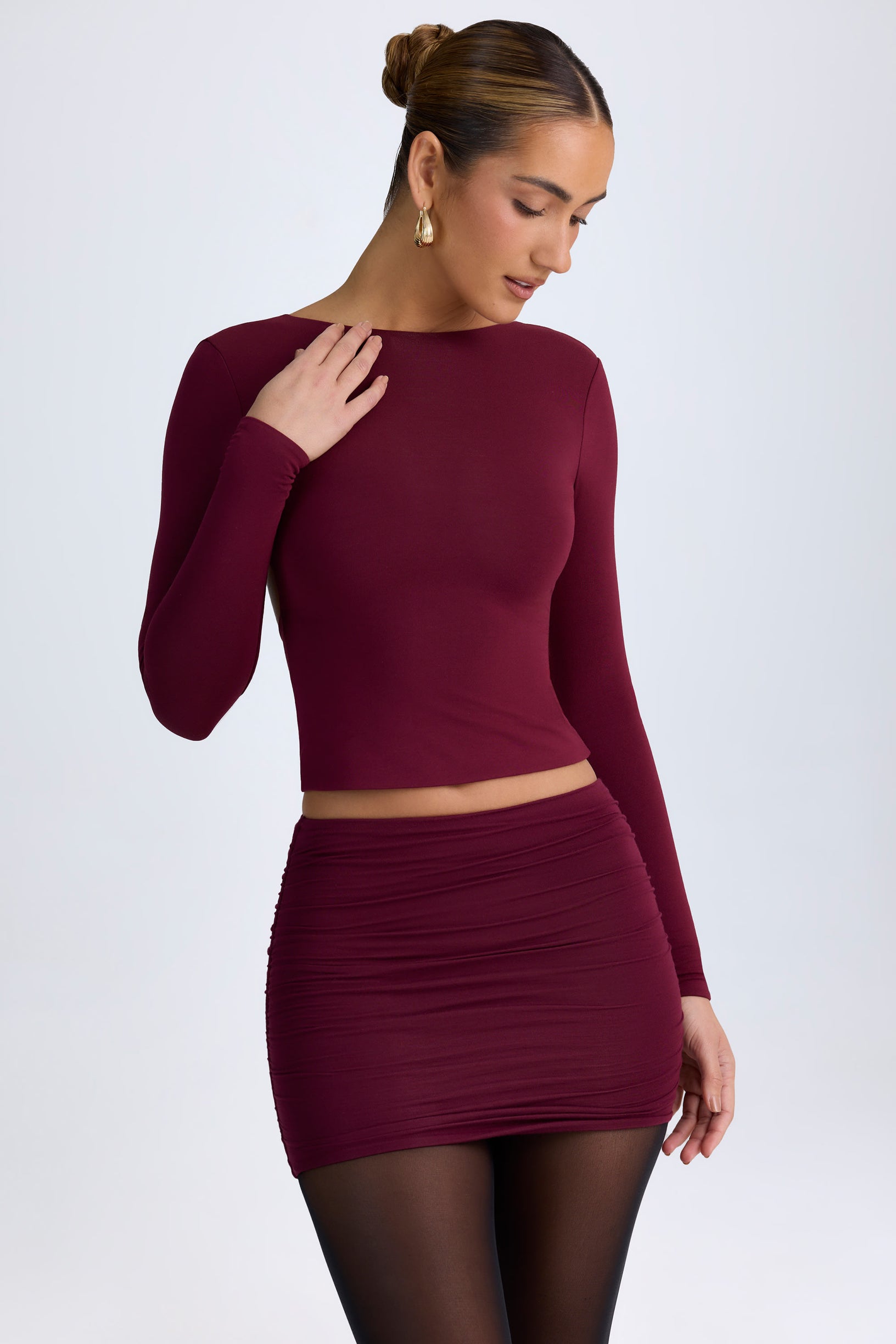 Modal High Neck Long Sleeve Open Back Top in Wine Red - 1