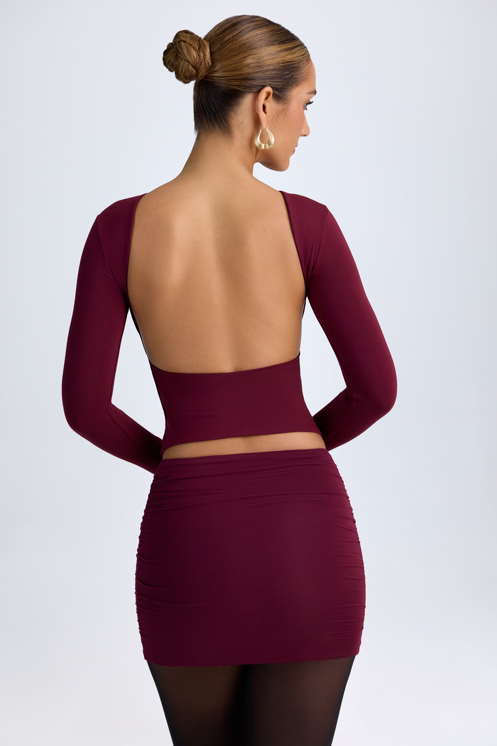 Modal High Neck Long Sleeve Open Back Top in Wine Red - 2